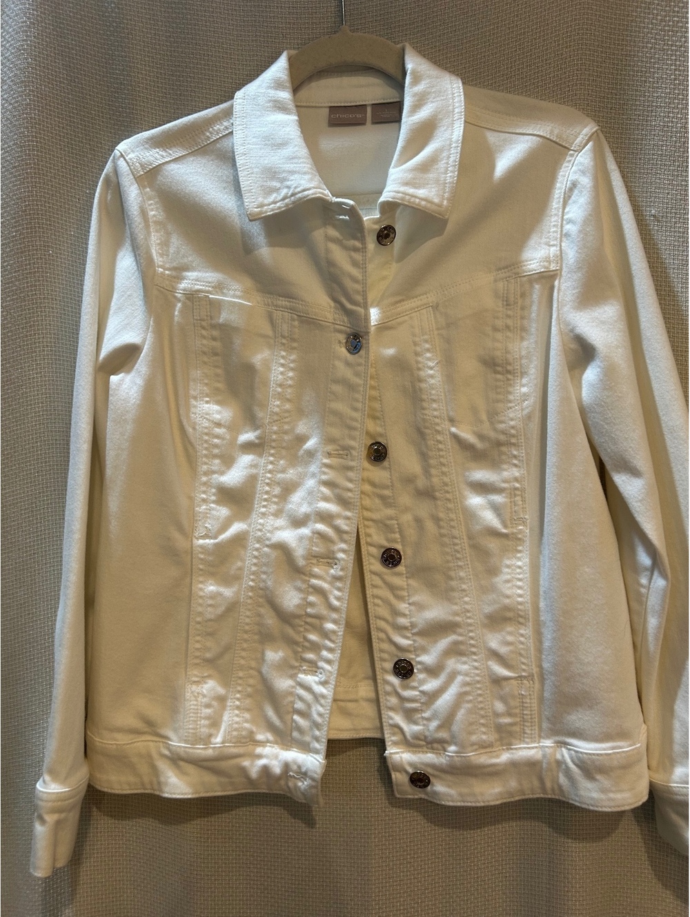 Chico's White Denim Jacket Size 2 Button Front Cotton Blend